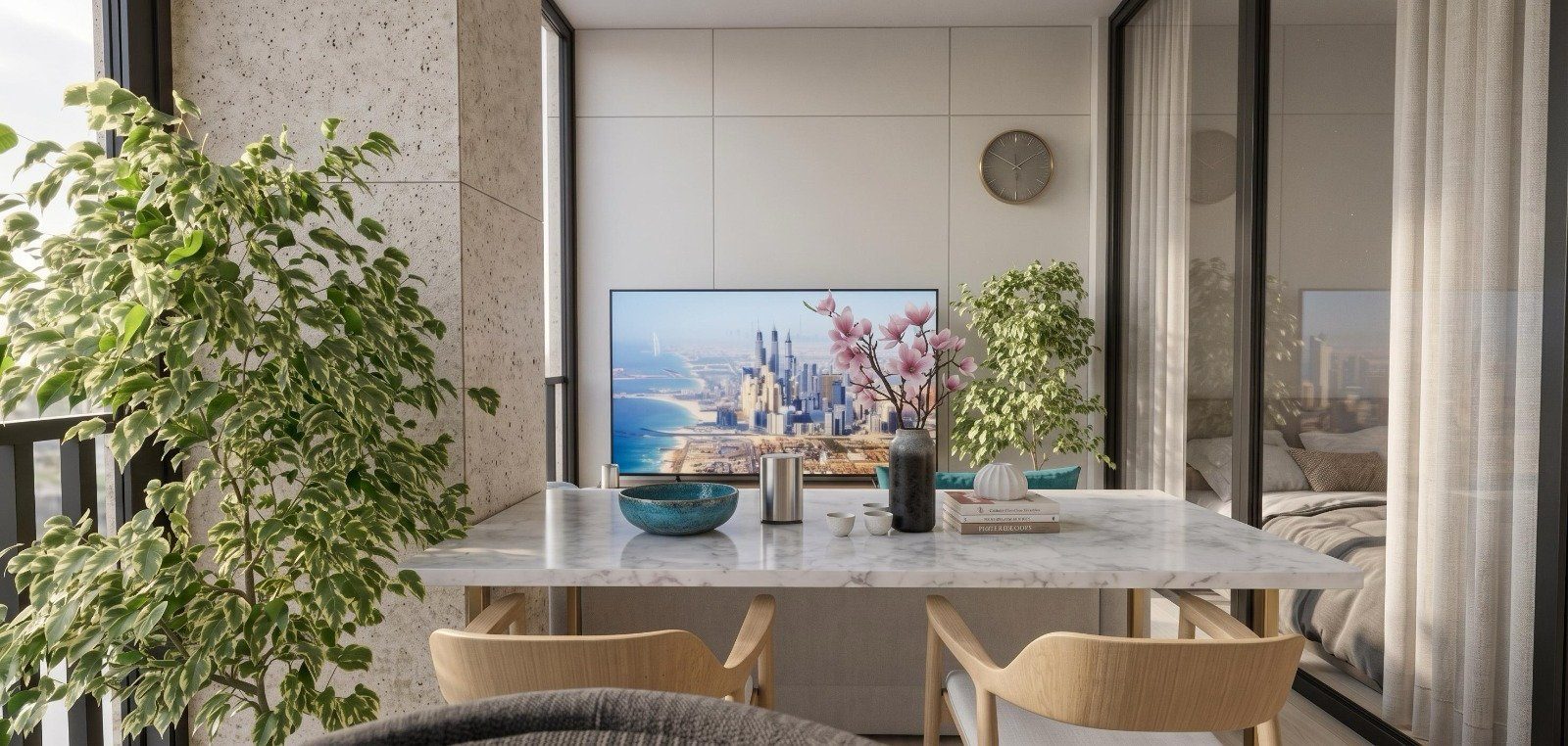 Comedor con vista urbana en una unidad LINK